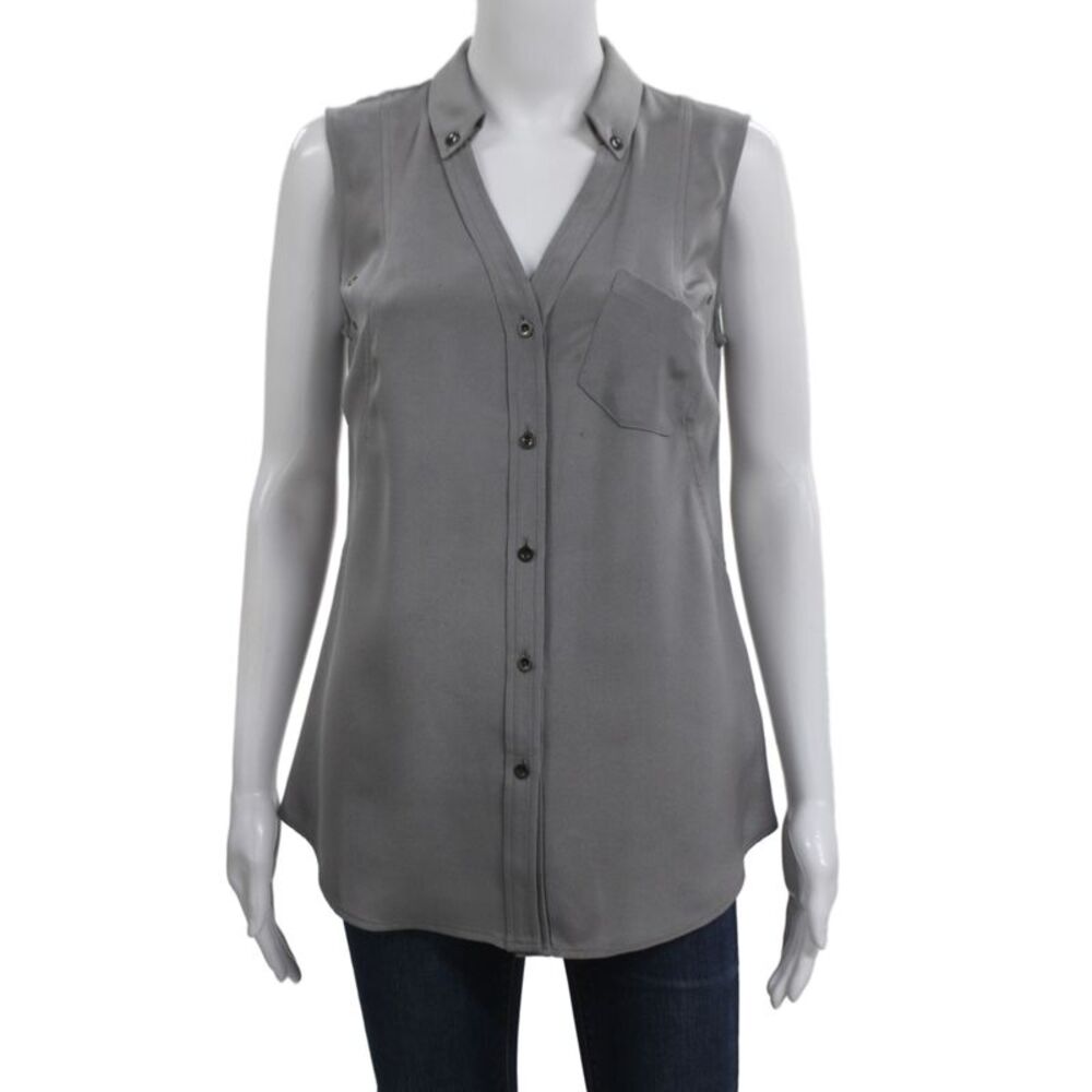 Magaschoni Women Basic Silk Sleeveless Collared Button Blouse Gray Size 4